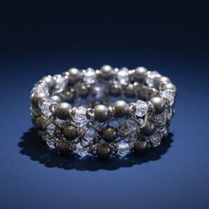 Faux Pearl Bracelet Crystal Beaded Silver Tone Sparkly Festive Party Stretchy